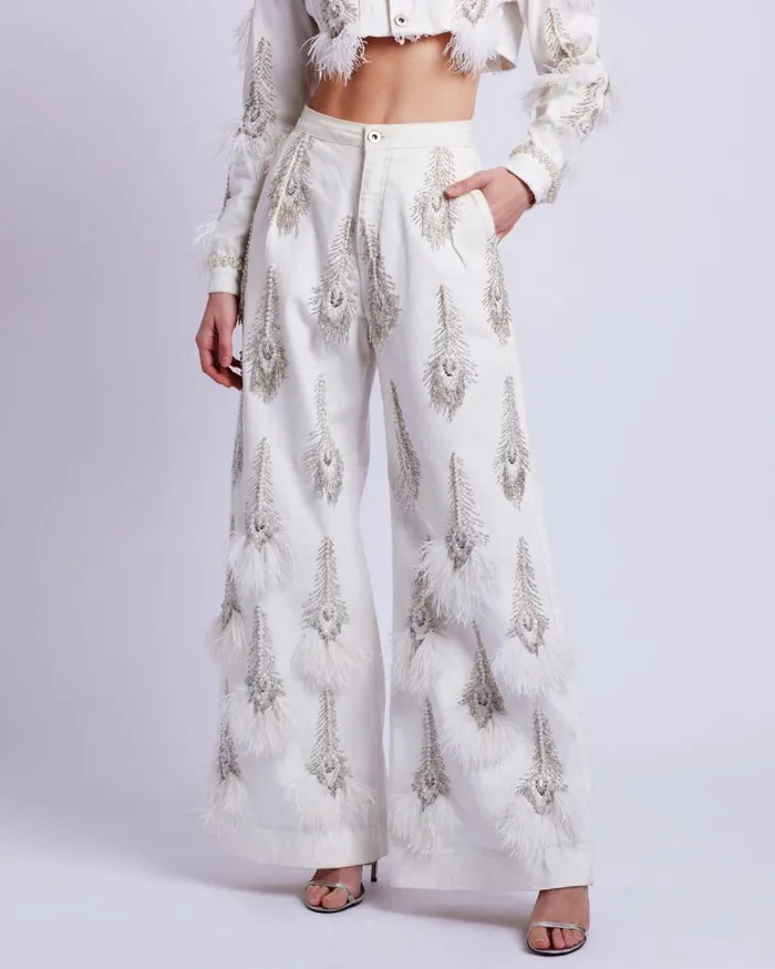 Women Denim PatBO HandBeaded Denim And Feather Jeans FINAL SALE White