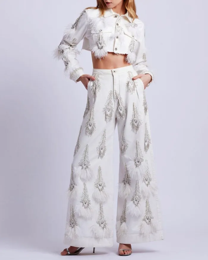 Women Denim PatBO HandBeaded Denim And Feather Jeans FINAL SALE White