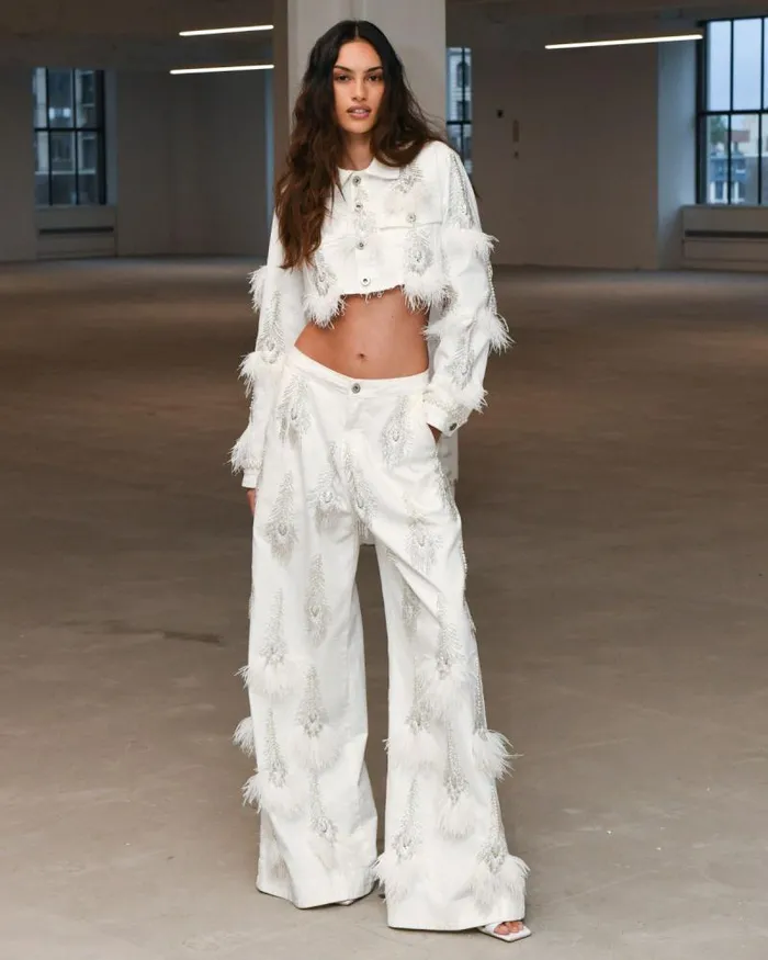 Women Denim PatBO HandBeaded Denim And Feather Jeans FINAL SALE White