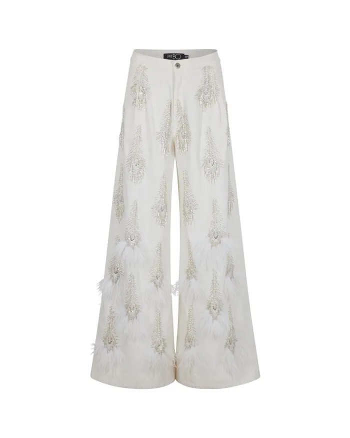 Women Denim PatBO HandBeaded Denim And Feather Jeans FINAL SALE White