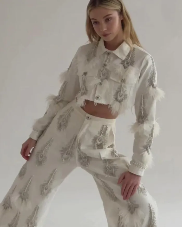 Women Denim PatBO HandBeaded Denim And Feather Jeans FINAL SALE White
