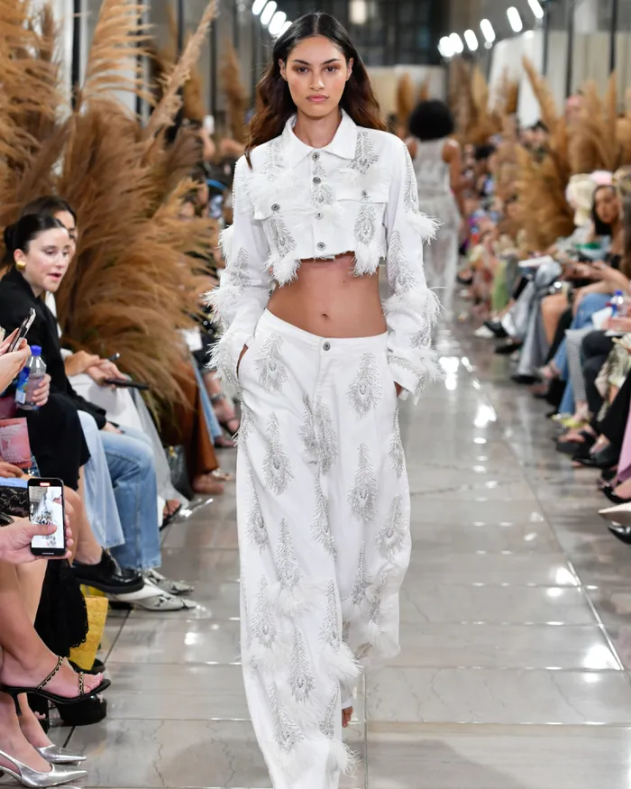 Women Denim PatBO HandBeaded Denim And Feather Jeans FINAL SALE White