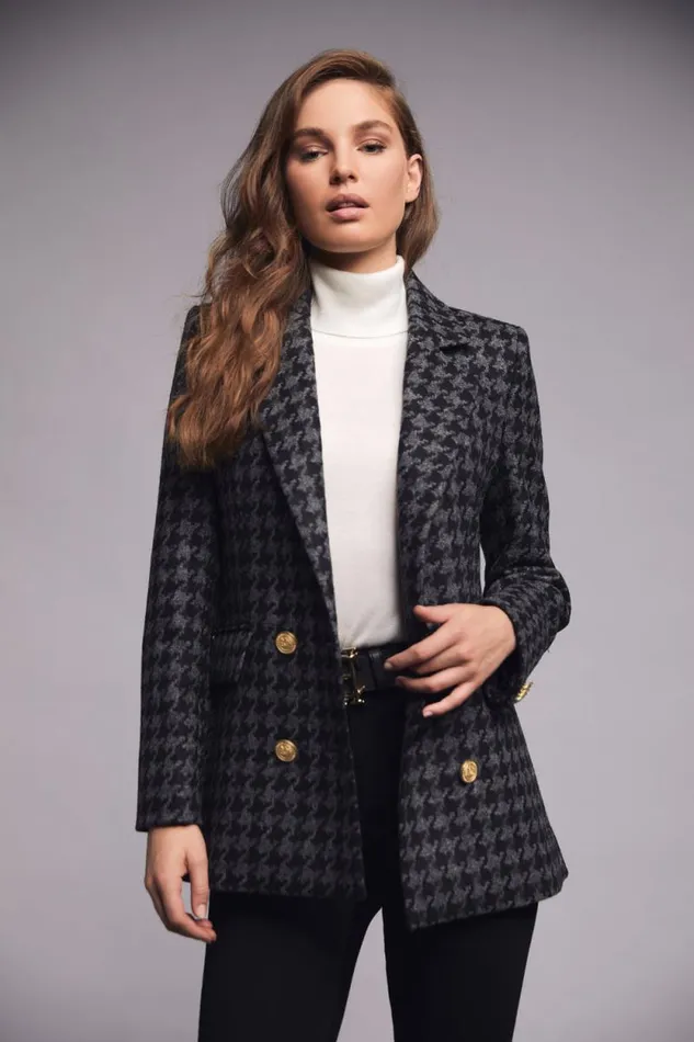 Women Double Breasted Blazer Large Scale Charcoal Houndstooth Holland Cooper Tailoring