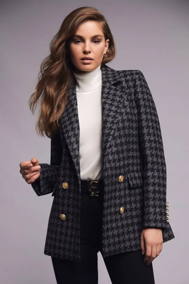 Women Double Breasted Blazer Large Scale Charcoal Houndstooth Holland Cooper Tailoring