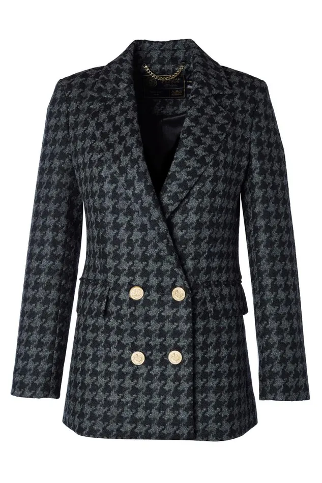 Women Double Breasted Blazer Large Scale Charcoal Houndstooth Holland Cooper Tailoring