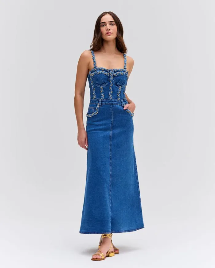 Women Dresses and Jumpsuits PatBO BRAIDED DENIM MIDI DRESS Denim