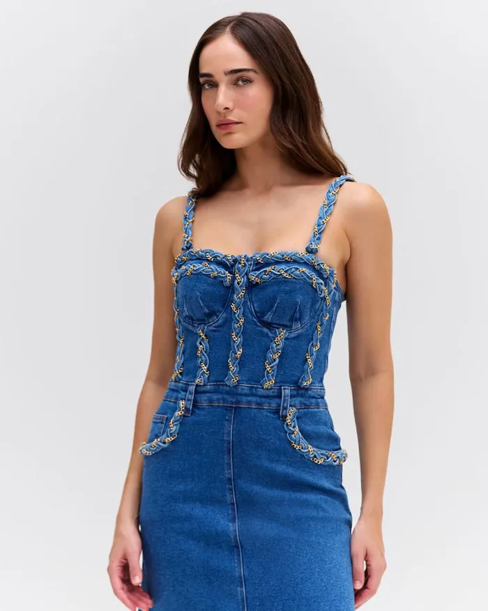 Women Dresses and Jumpsuits PatBO BRAIDED DENIM MIDI DRESS Denim Women Dresses and Jumpsuits PatBO BRAIDED DENIM MIDI DRESS Denim