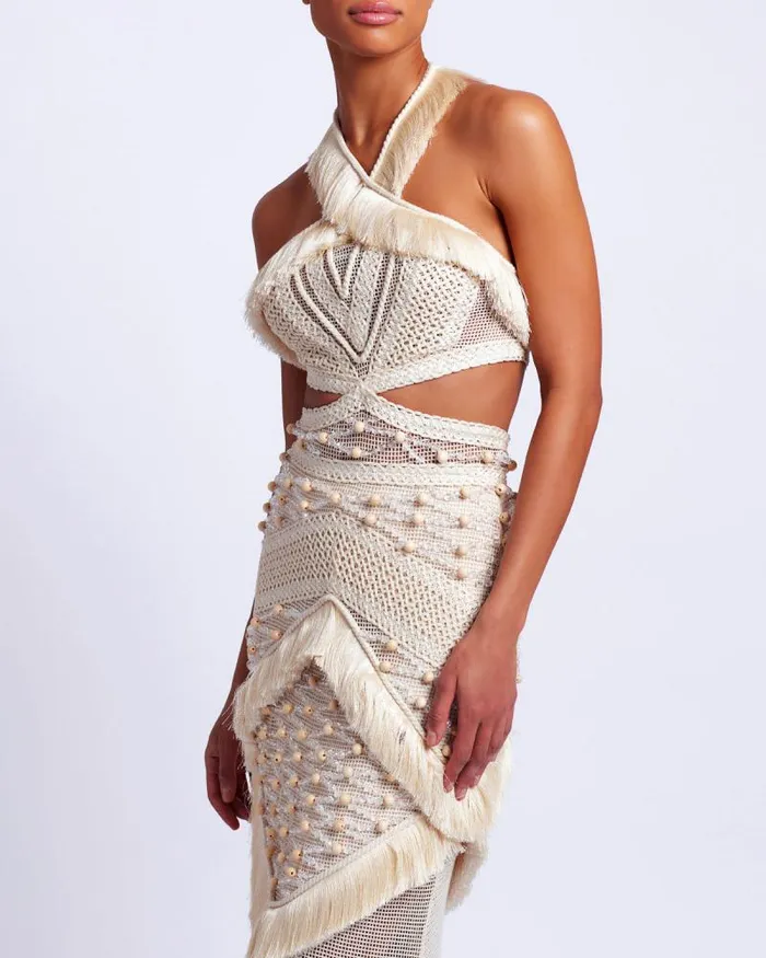 Women Dresses and Jumpsuits PatBO Fringe Trim Halterneck Maxi Dress RUNWAY Wheat