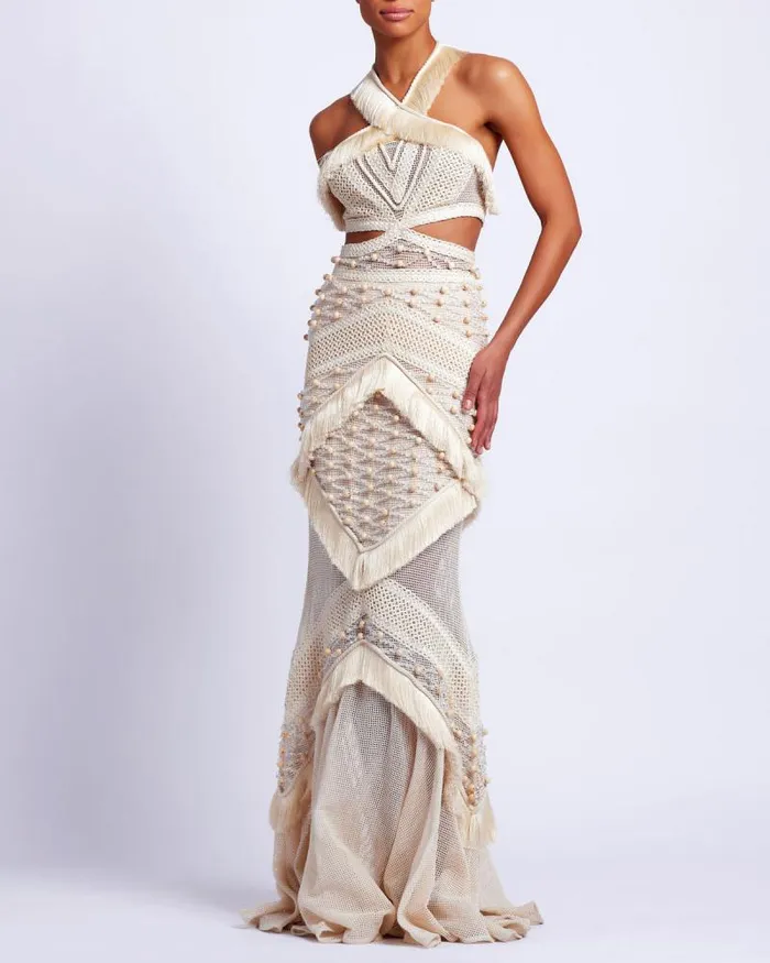 Women Dresses and Jumpsuits PatBO Fringe Trim Halterneck Maxi Dress RUNWAY Wheat