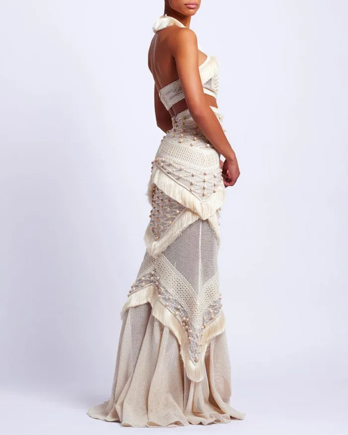 Women Dresses and Jumpsuits PatBO Fringe Trim Halterneck Maxi Dress RUNWAY Wheat