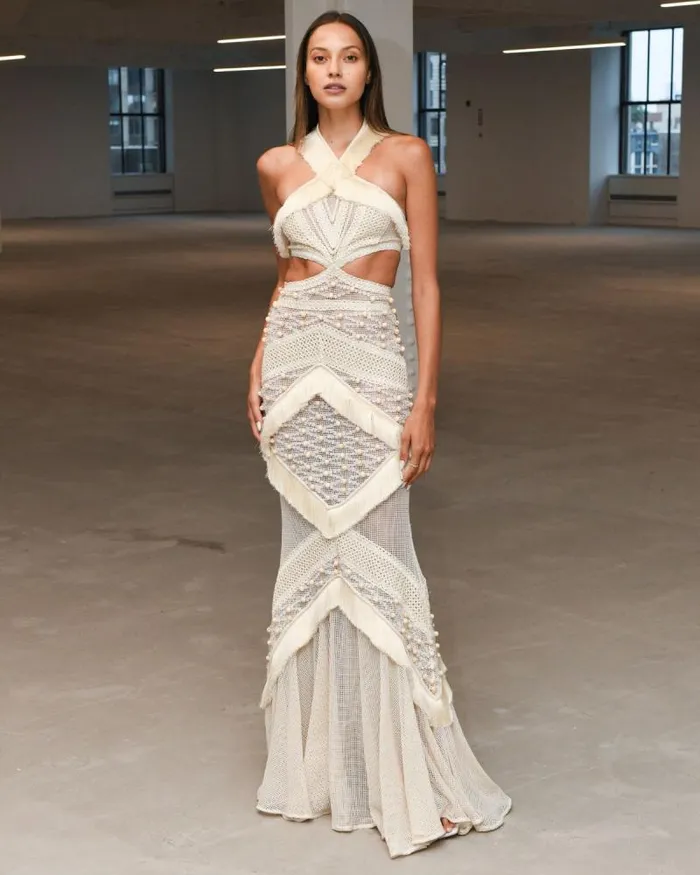 Women Dresses and Jumpsuits PatBO Fringe Trim Halterneck Maxi Dress RUNWAY Wheat