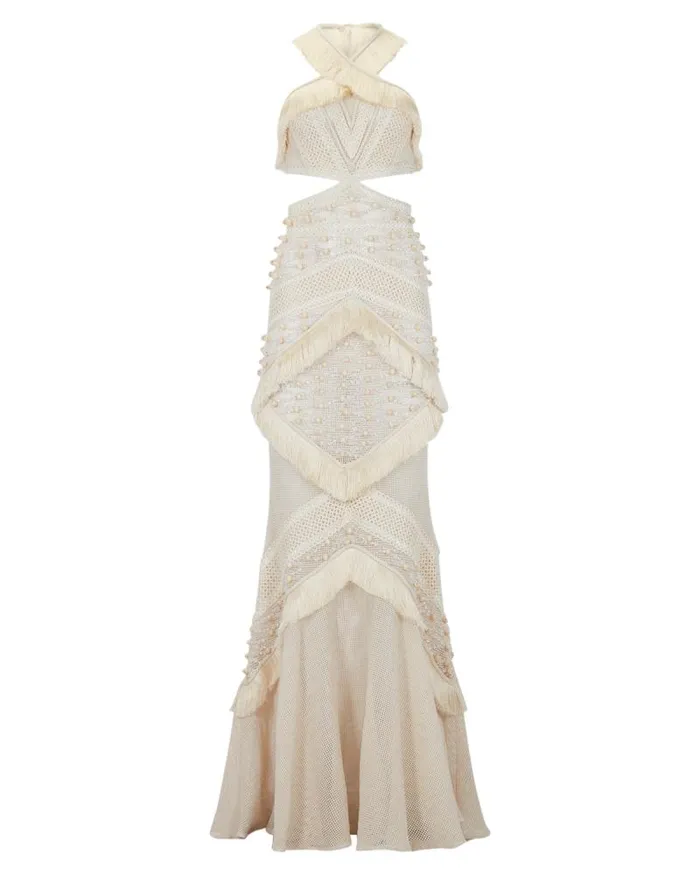 Women Dresses and Jumpsuits PatBO Fringe Trim Halterneck Maxi Dress RUNWAY Wheat