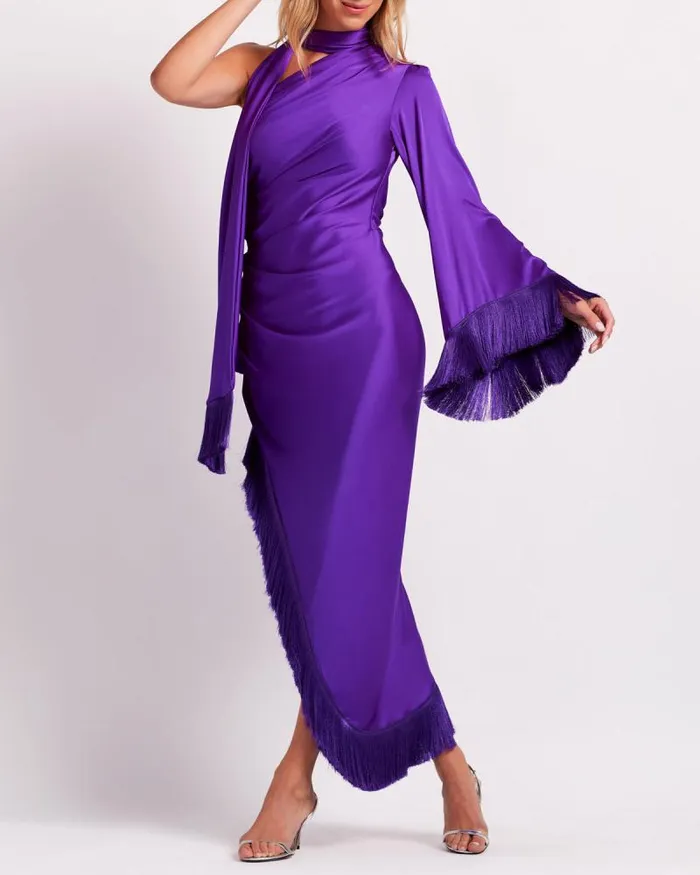 Women Dresses and Jumpsuits PatBO Fringe Trim Oscar Dress FINAL SALE Purple