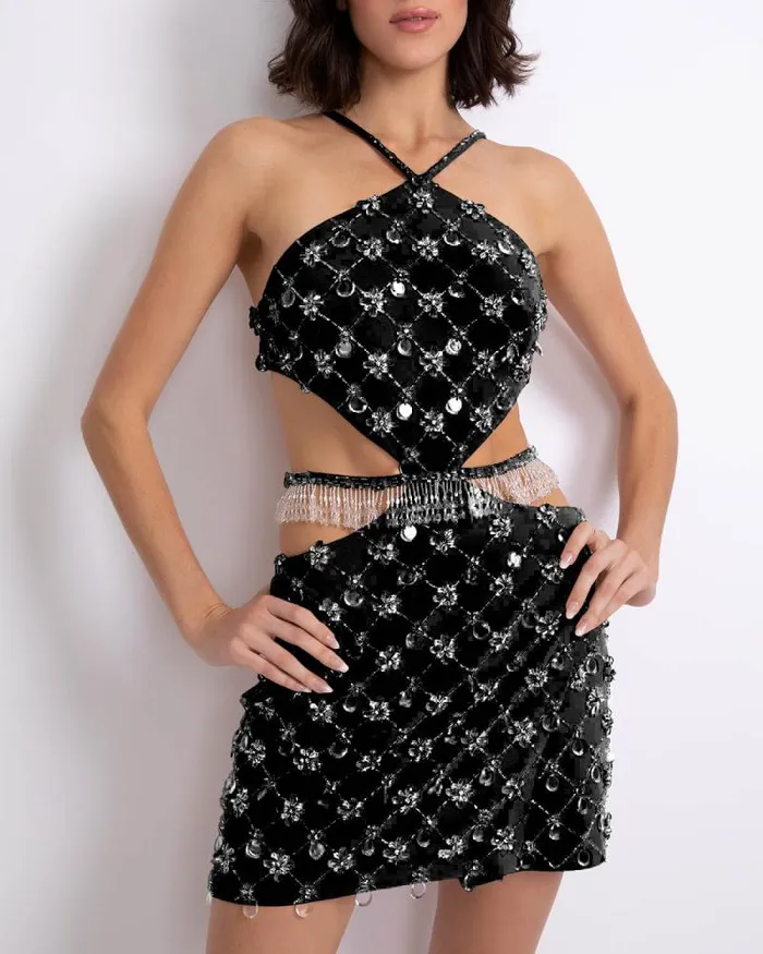 Women Dresses and Jumpsuits PatBO HandBeaded Halterneck Mini Dress FINAL SALE Black