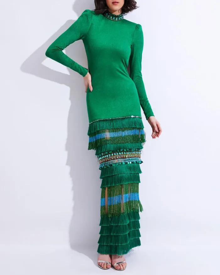 Women Dresses and Jumpsuits PatBO HIGH NECK MAXI DRESS WITH BEADED FRINGE FINAL SALE Emerald
