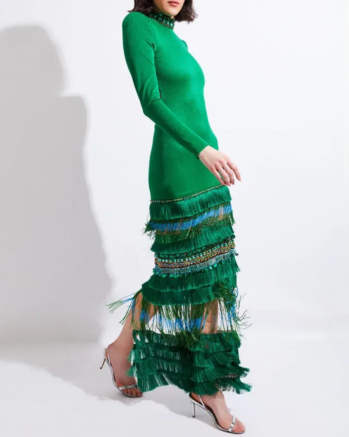 Women Dresses and Jumpsuits PatBO HIGH NECK MAXI DRESS WITH BEADED FRINGE FINAL SALE Emerald