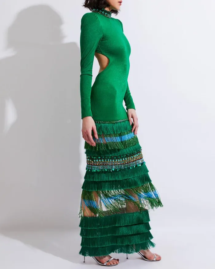 Women Dresses and Jumpsuits PatBO HIGH NECK MAXI DRESS WITH BEADED FRINGE FINAL SALE Emerald