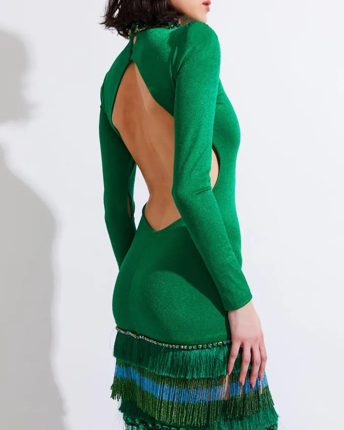 Women Dresses and Jumpsuits PatBO HIGH NECK MAXI DRESS WITH BEADED FRINGE FINAL SALE Emerald
