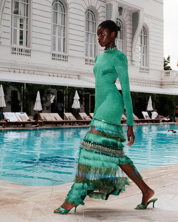 Women Dresses and Jumpsuits PatBO HIGH NECK MAXI DRESS WITH BEADED FRINGE FINAL SALE Emerald