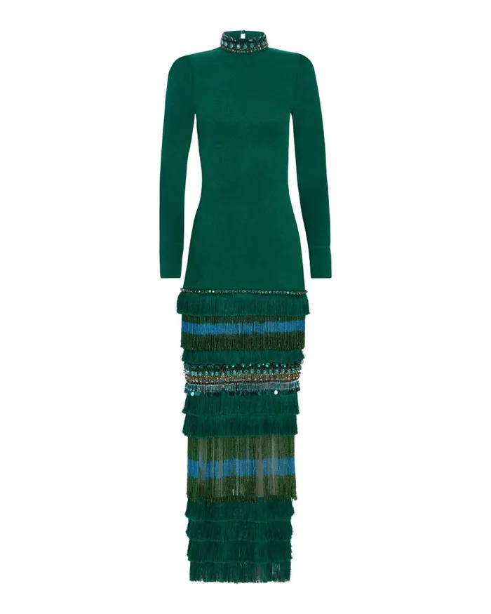 Women Dresses and Jumpsuits PatBO HIGH NECK MAXI DRESS WITH BEADED FRINGE FINAL SALE Emerald