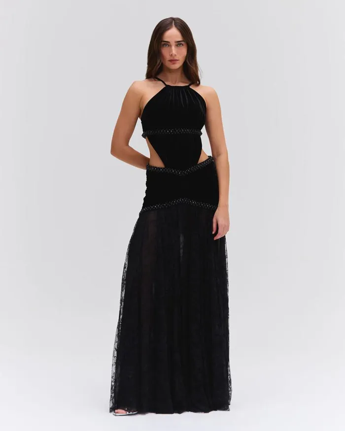 Women Dresses and Jumpsuits PatBO High Neck Velvet And Lace Gown RUNWAY Black
