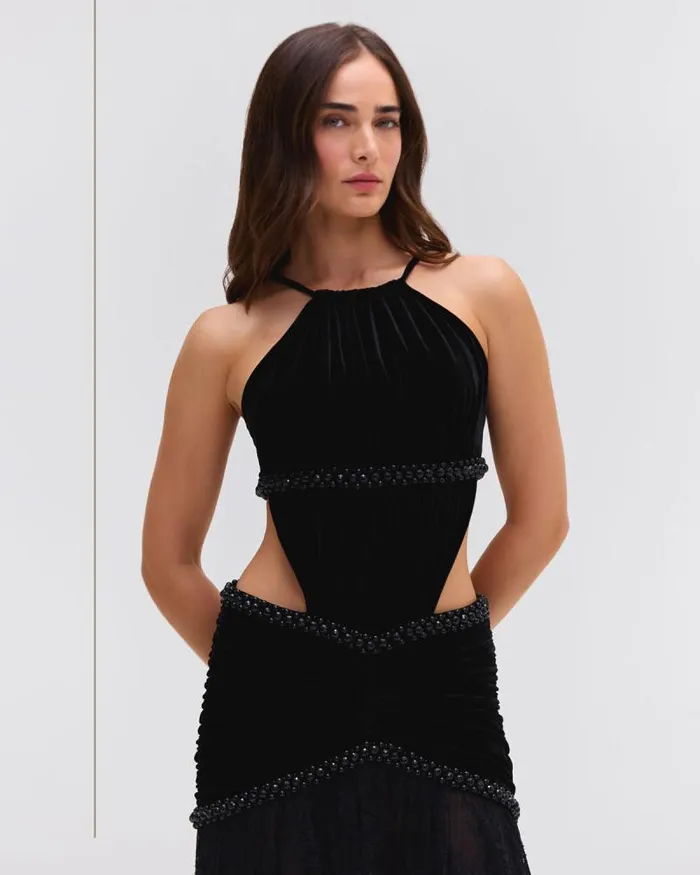 Women Dresses and Jumpsuits PatBO High Neck Velvet And Lace Gown RUNWAY Black