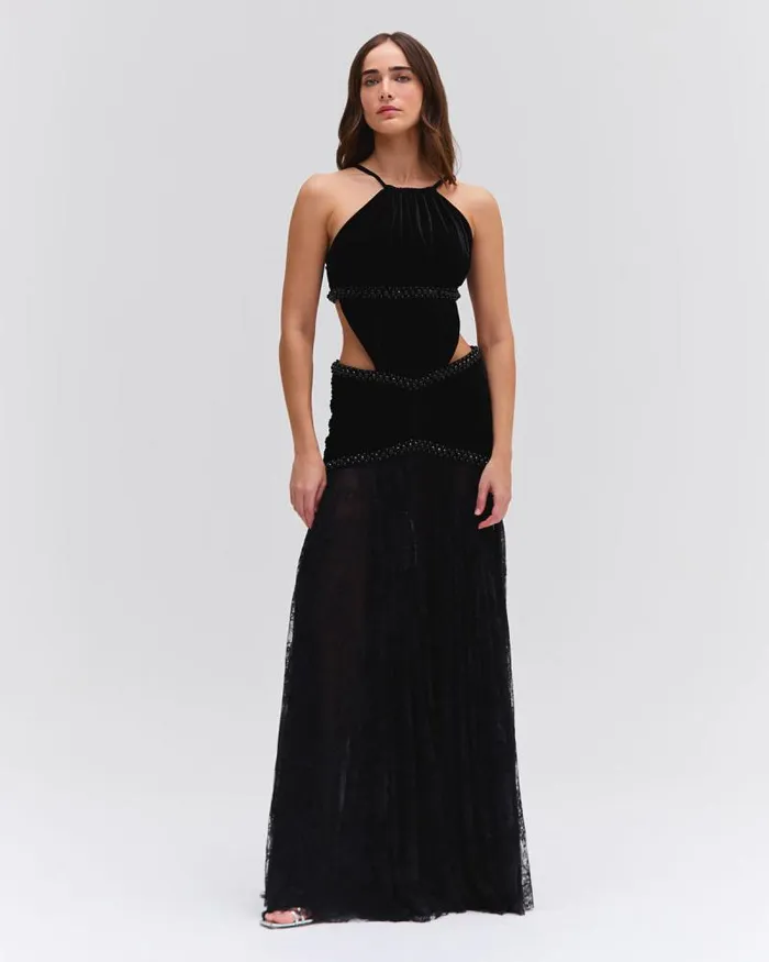 Women Dresses and Jumpsuits PatBO High Neck Velvet And Lace Gown RUNWAY Black