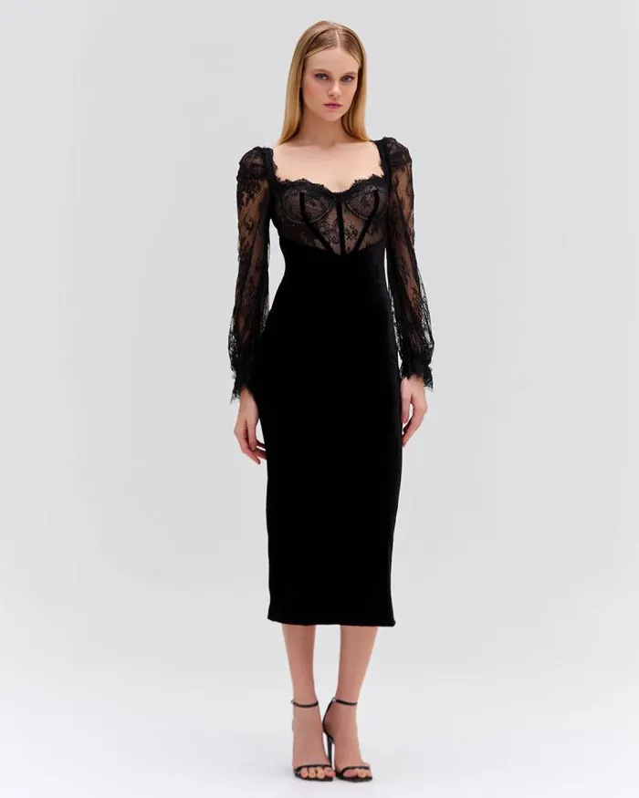 Women Dresses and Jumpsuits PatBO LACE AND VELVET MIDI DRESS Black
