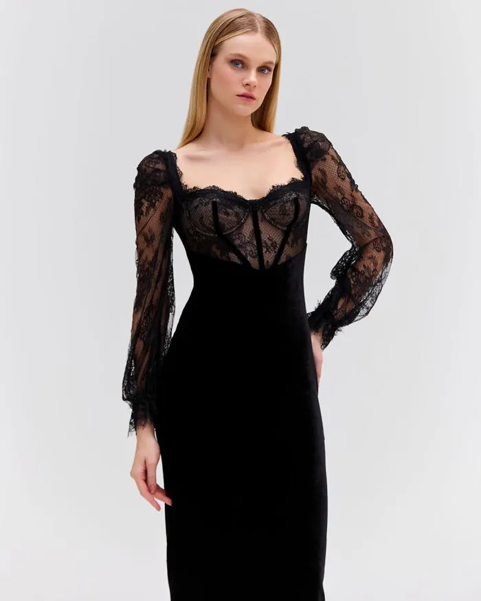 Women Dresses and Jumpsuits PatBO LACE AND VELVET MIDI DRESS Black