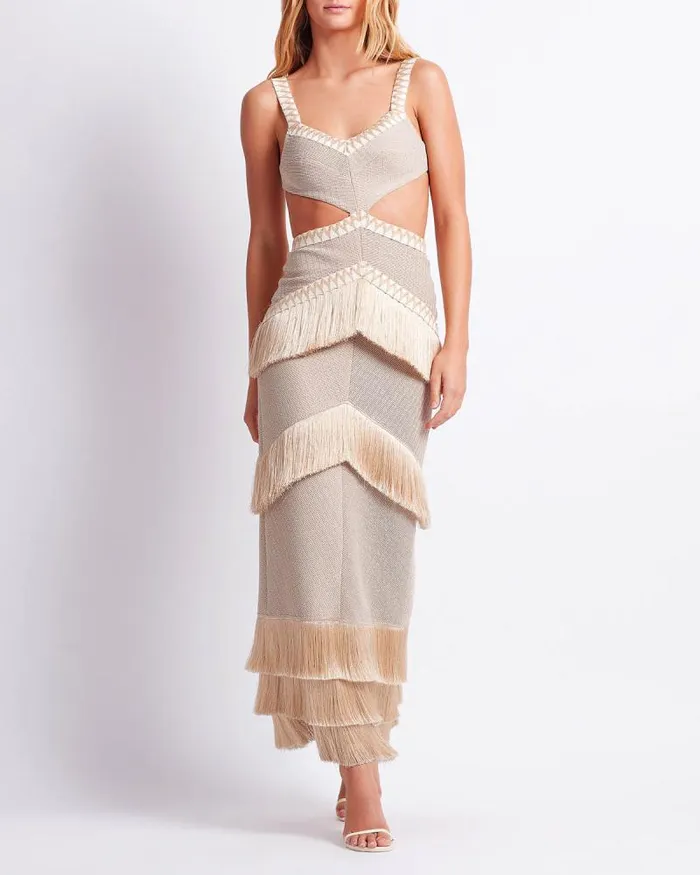 Women Dresses and Jumpsuits PatBO Metallic Knit Maxi Dress With Fringe Trim Clay