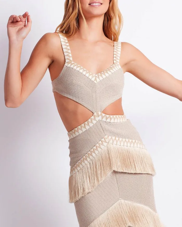 Women Dresses and Jumpsuits PatBO Metallic Knit Maxi Dress With Fringe Trim Clay