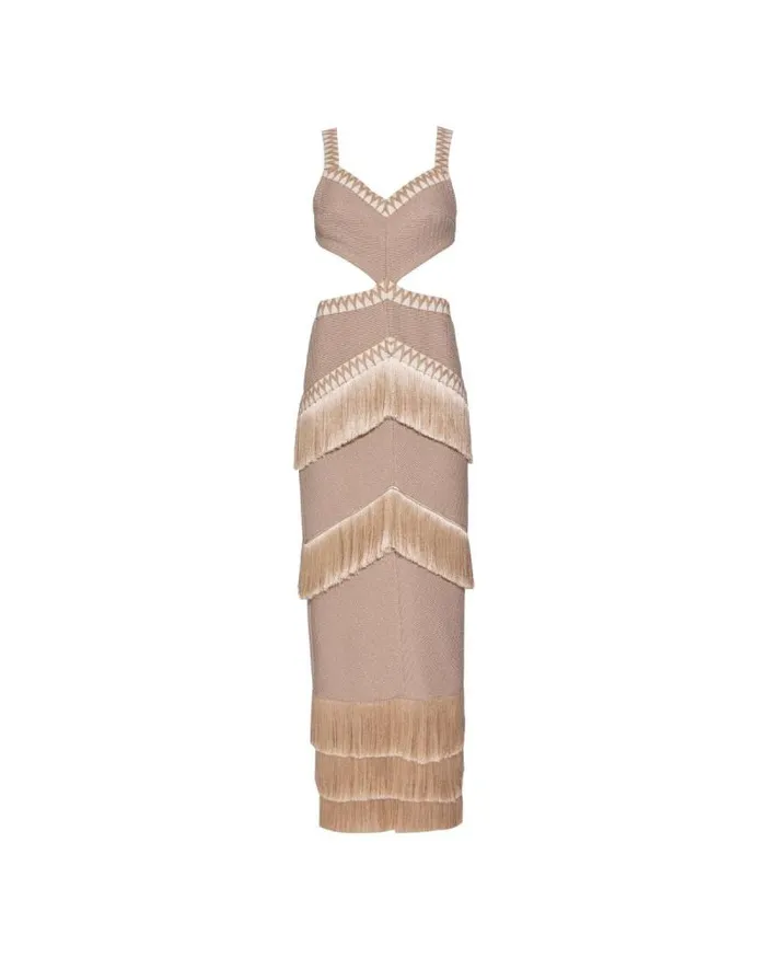 Women Dresses and Jumpsuits PatBO Metallic Knit Maxi Dress With Fringe Trim Clay