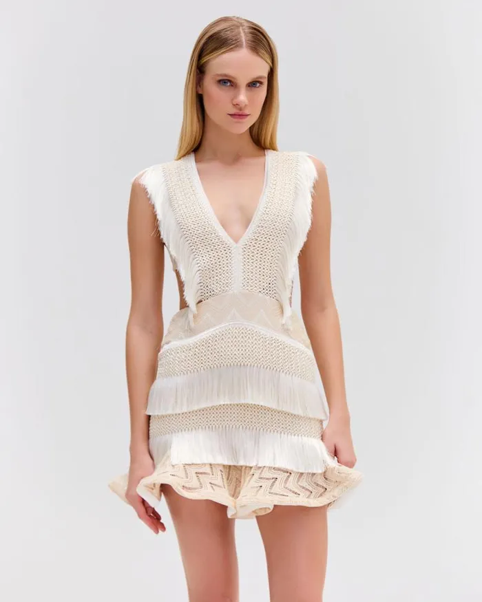 Women Dresses and Jumpsuits PatBO Plunge Fringe Trim Mini Dress Sandstone