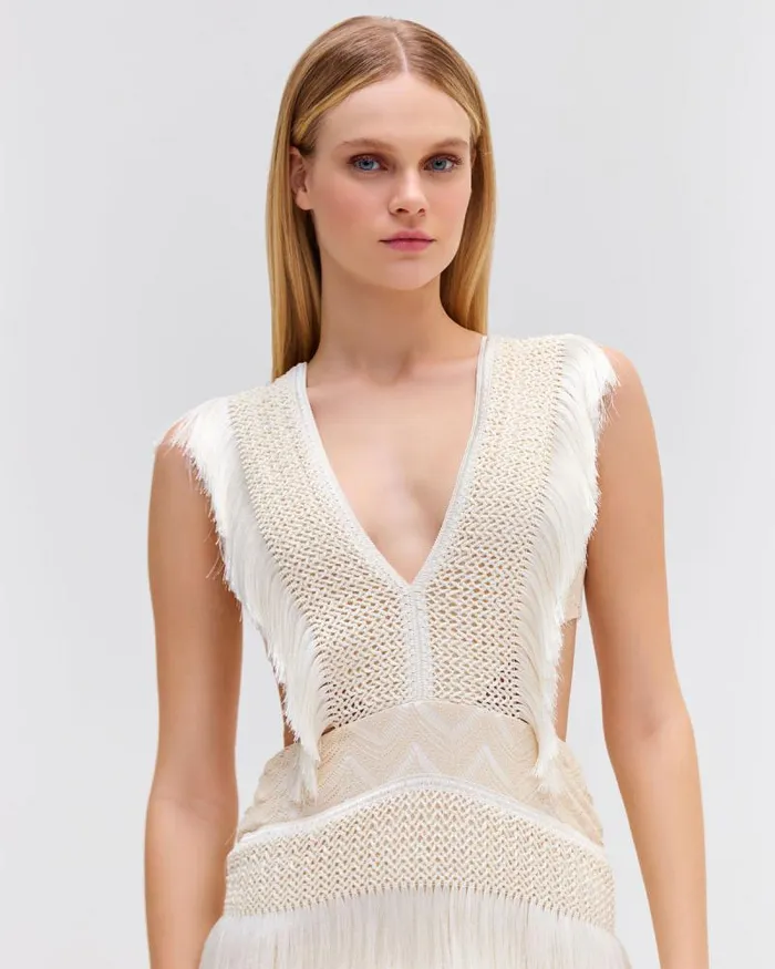 Women Dresses and Jumpsuits PatBO Plunge Fringe Trim Mini Dress Sandstone