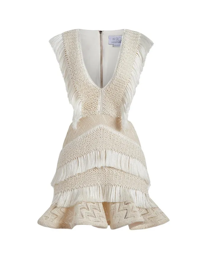 Women Dresses and Jumpsuits PatBO Plunge Fringe Trim Mini Dress Sandstone