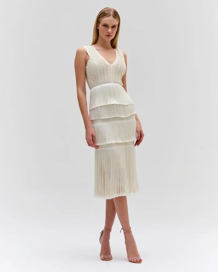 Women Dresses and Jumpsuits PatBO Plunging Fringe Midi Dress FINAL SALE White