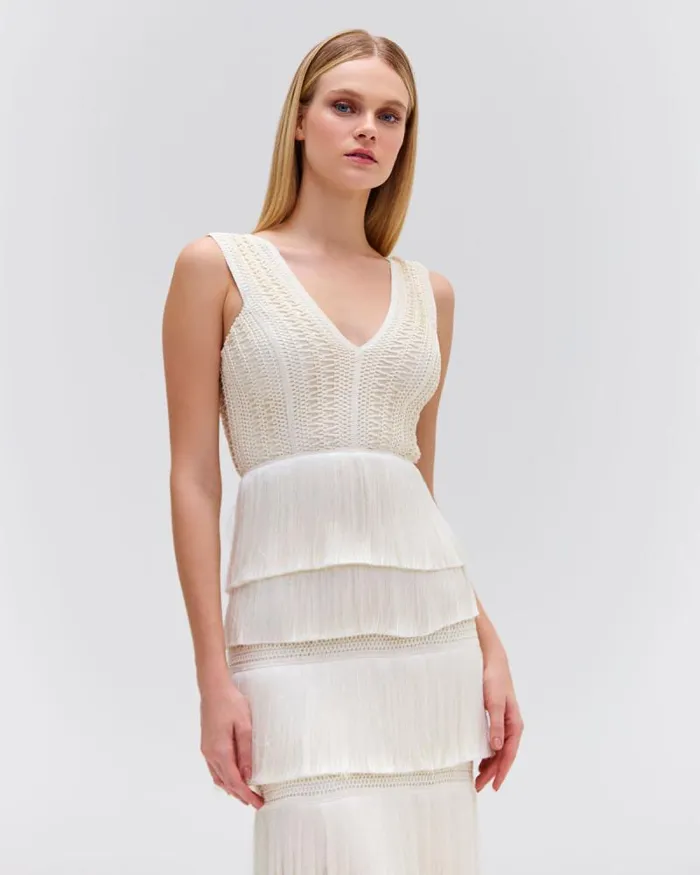 Women Dresses and Jumpsuits PatBO Plunging Fringe Midi Dress FINAL SALE White