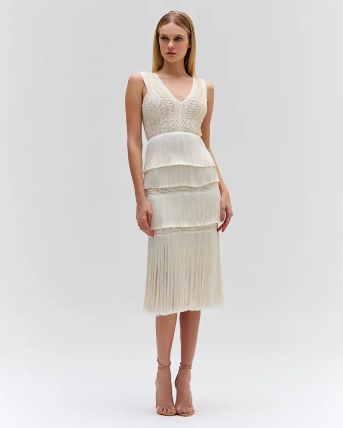 Women Dresses and Jumpsuits PatBO Plunging Fringe Midi Dress FINAL SALE White