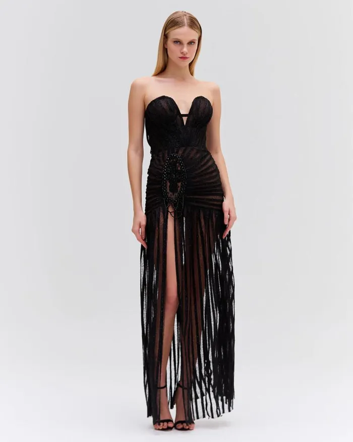 Women Dresses and Jumpsuits PatBO Sparkle Tulle Strapless Maxi Dress RUNWAY Black