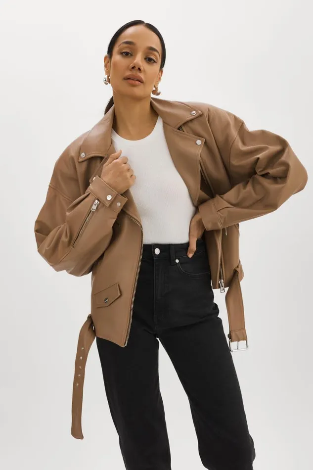Women ESTIA Leather Biker Jacket Mocha LAMARQUE Leather Jackets