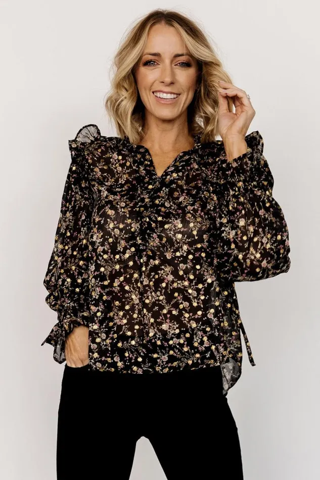 Women Fable Sheer Ruffle Top Black Floral Baltic Born Blouses and Shirts