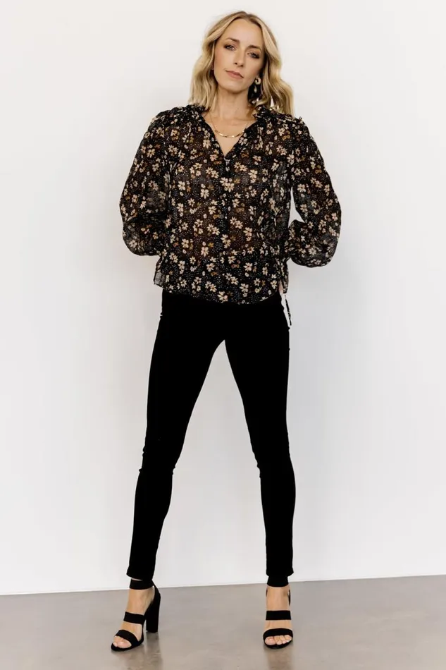 Women Fable Sheer Ruffle Top Black Floral Baltic Born Blouses and Shirts