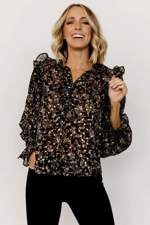 Women Fable Sheer Ruffle Top Black Floral Baltic Born Blouses and Shirts