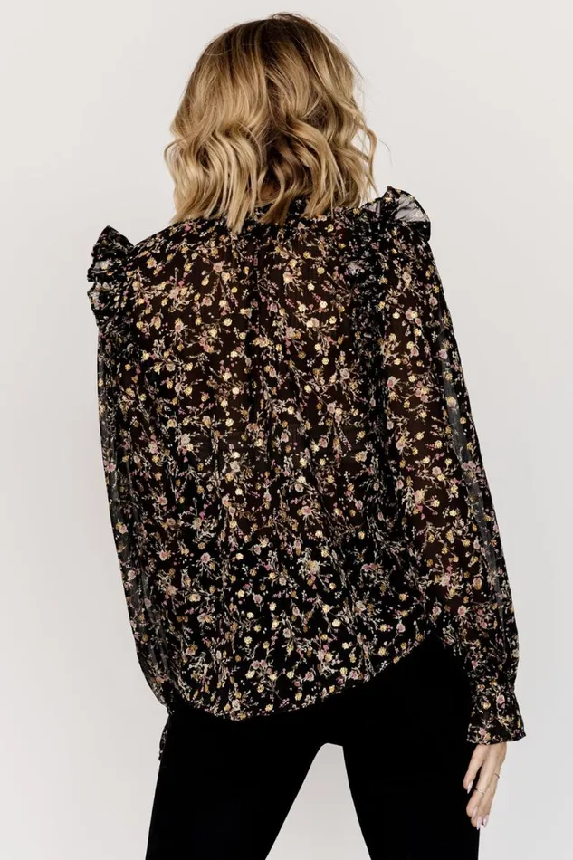 Women Fable Sheer Ruffle Top Black Floral Baltic Born Blouses and Shirts