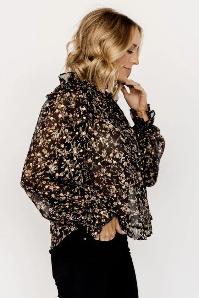Women Fable Sheer Ruffle Top Black Floral Baltic Born Blouses and Shirts