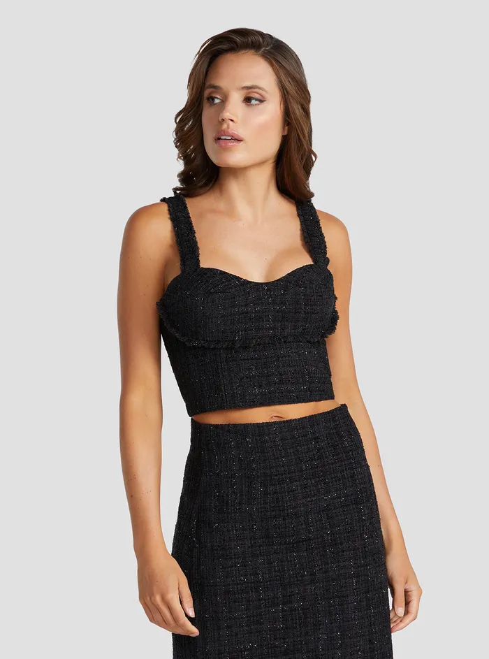 Women Fashion Tops GUESS Black Emily Shimmer Tweed Top