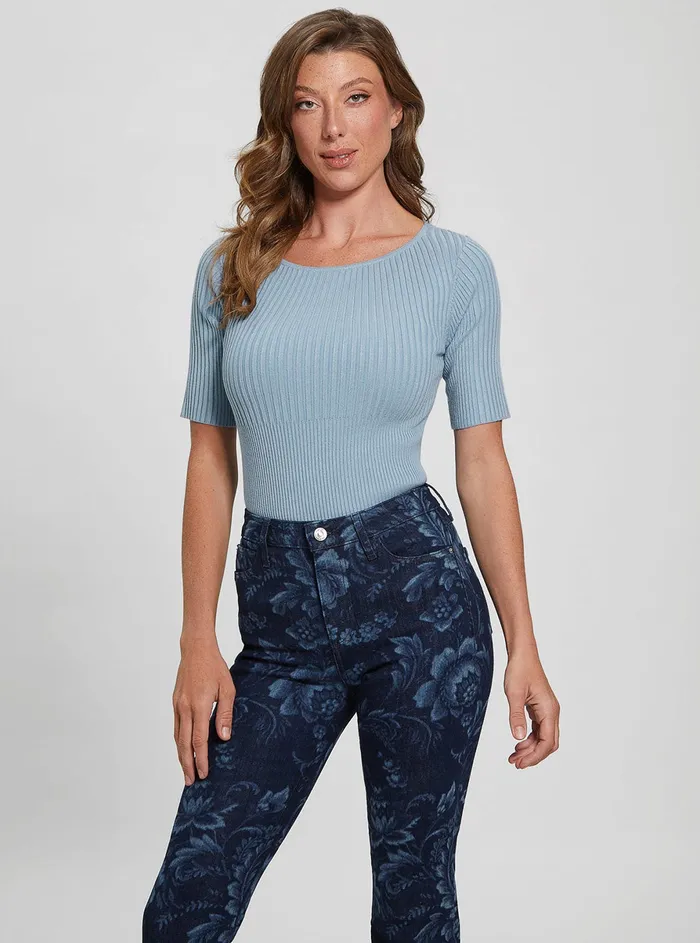 Women Fashion Tops GUESS Eco Blue Aysha Reversible Knit Top