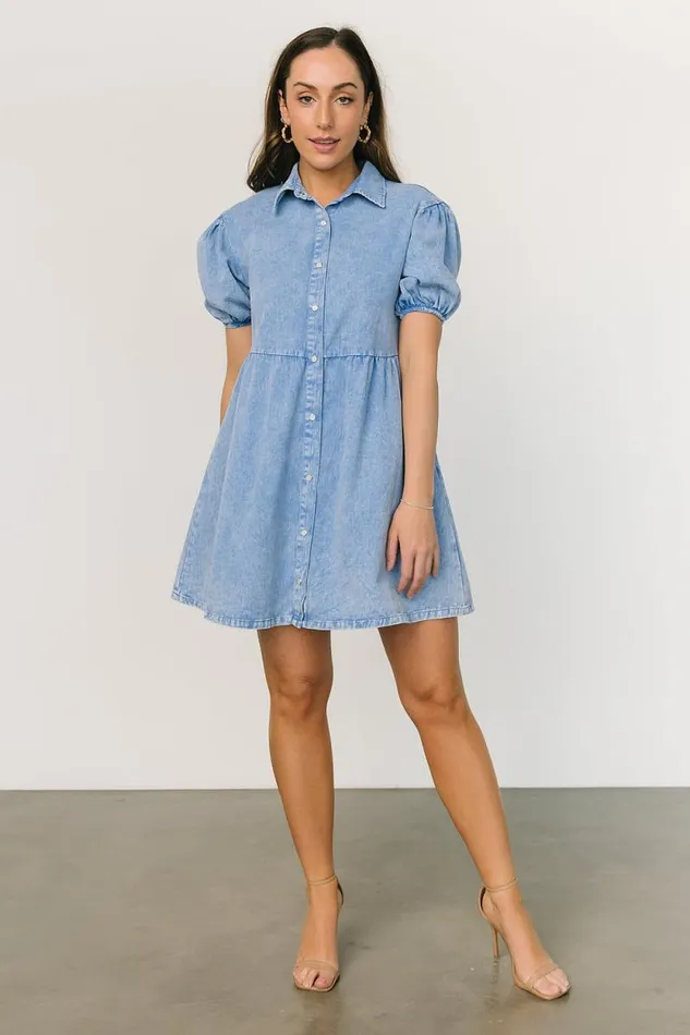 Women Fontana Puff Sleeve Short Dress Denim Blue Baltic Born Short Dresses