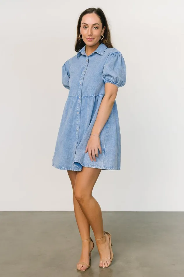 Women Fontana Puff Sleeve Short Dress Denim Blue Baltic Born Short Dresses Women Fontana Puff Sleeve Short Dress Denim Blue Baltic Born Short Dresses
