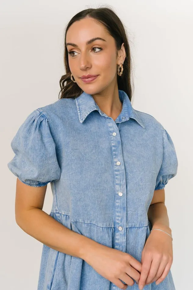 Women Fontana Puff Sleeve Short Dress Denim Blue Baltic Born Short Dresses Women Fontana Puff Sleeve Short Dress Denim Blue Baltic Born Short Dresses